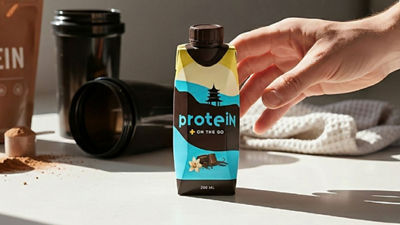 Hand reaching for protein drink in Tetra Prisma Aseptic carton package