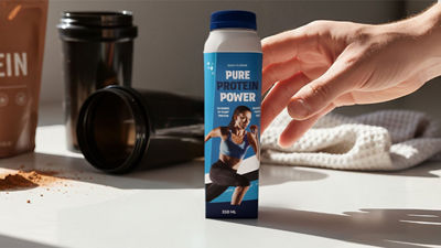Hand reaching for protein drink in Tetra Prisma Aseptic carton package