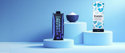 Powder and beverage cartons on podium