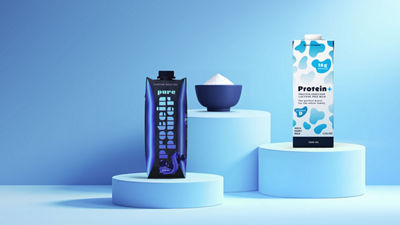Powder and cartons on podiums
