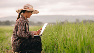 Girl with computer in green field
