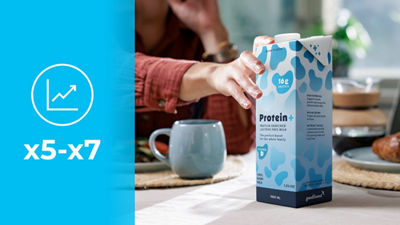 Reaching for Tetra Brik Aseptic carton with protein milk, icon increase x5-x7