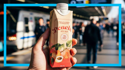 Hand holding peach iced tea package.