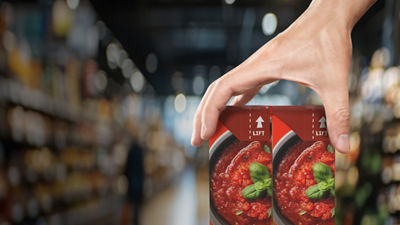 Main tenant des briques alimentaires Tetra Recart, de haricots et de maïs doux