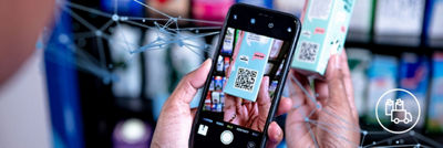 Hand holding mobile phone qr code scan package white packaging distribution icon