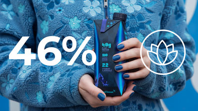 Hands holding a food supplement and nutrition drink, 46 percent.