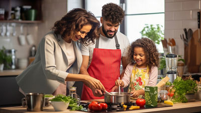 Family cooking dish with beans