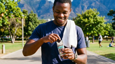 Man exercising on bridge, protein drink in Tetra Prisma Aseptic carton