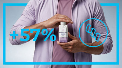 Holding recovery drink in Tetra Prisma Aseptic carton, text: 57%