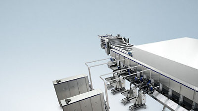 Industrial ice cream production line overview showing automated processing equipment
