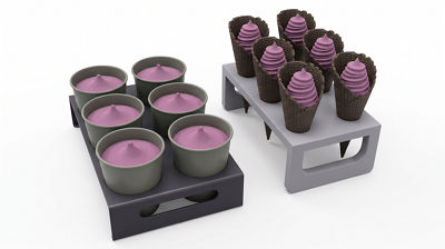 Ice Cream tubs and cones products placed in holders