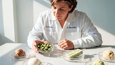 tetra pak employee with fava beans and ice cream