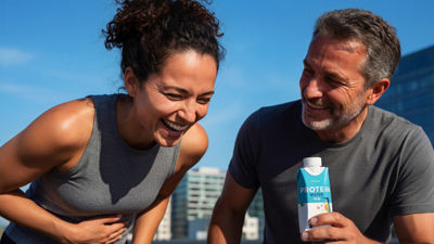 Mulher e homem em roupa esportiva sorriem ao ar livre, com bebida proteica em embalagem cartonada, representando soluções Tetra Pak para o mercado FSN no Brasil.