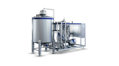 Misturador em linha Tetra Pak B, com tanque cilíndrico e tubulação integrada, projetado para a produção contínua de sucos 100%, ilustrado em fundo branco para destaque visual no site institucional.