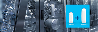 Interior Tetra Pak A3/Flex filling machine and image showing 2 Tetra Brik cartons