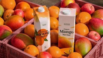 Orange juice and mango nectar cartons surrounded by fresh oranges, mangoes and apples