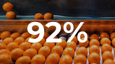 Oranges on a production line with 92% displayed over the image