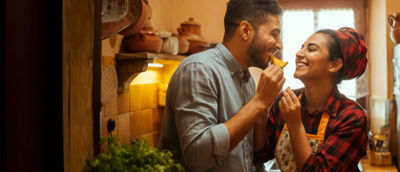 Une femme et un homme en train de manger. 