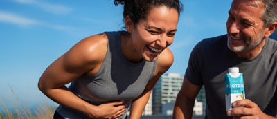 Happy woman and man with food supplement and nutrition dink.