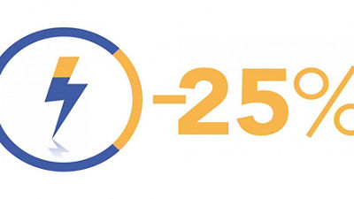 Un rayo en un círculo junto a un 25 %, fondo blanco