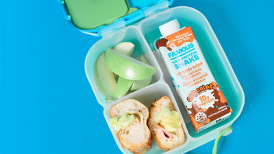 Famous Soda lunchbox with protein drink, apples and sandwiches