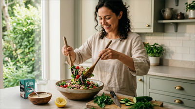 Woman preparing salad in kitchen, tuna in Tetra Recart carton package