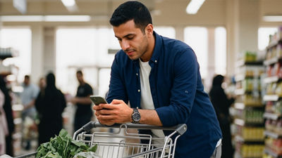 Man with smart phone in grocery store