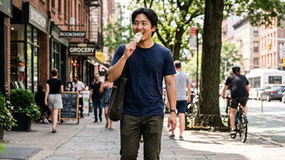 Man in city environment eating exruded ice cream with swirls