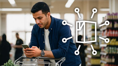 Bir markette cep telefonuyla bir adam