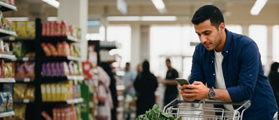 Man with smart phone in grocery store