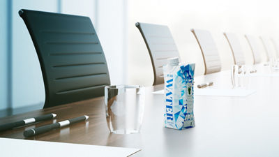 Carton package on conference room table