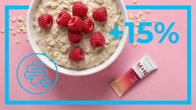 Oatmeal with fresh raspberries, text: 25%