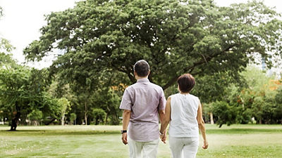 Senior couple walking in park