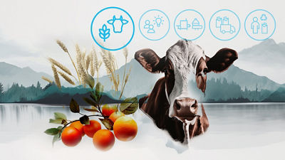 Naranjas, vaca, íconos azules, fondo de montaña