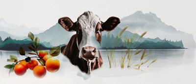 Oranges, cow, blue-icons, mountain background