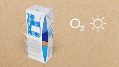 Tetra Brik Aseptic carton package, material layers showing. O2 and sun icons