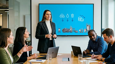 People in meeting, dairy line on large screen