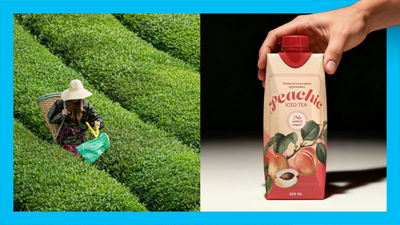 pickning tea leaves, hand reaching for RTD tea package