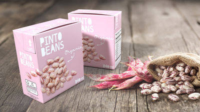 Pinto beans in pink Tetra Recart cartons