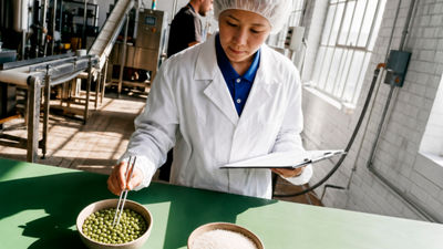 Food scientist examining green peas during plant-based product development
