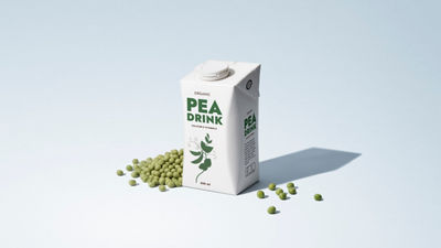 Carton of organic plant-based pea drink surrounded by green peas on a light blue background.