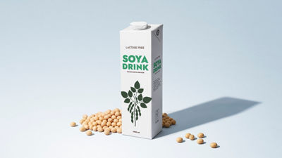 Carton of plant-based soya drink surrounded by soybeans on a light blue background.