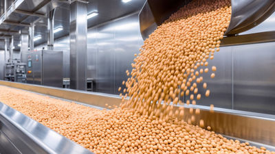 Soya beans pouring from a metal chute onto an industrial conveyor.