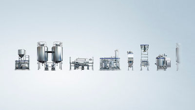 Range of Tetra Pak industrial processing equipment for spent grain beverage production displayed against a light blue background.