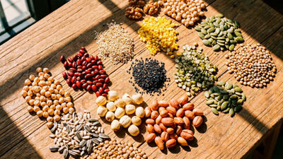 Assortment of beans, seeds, grains and pulses arranged on a wooden surface