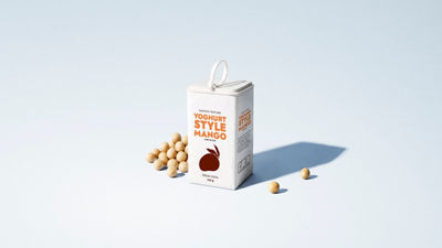Carton of plant-based mango yoghurt-style drink made from soya, surrounded by soybeans on a light blue background.
