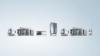 Range of Tetra Pak industrial processing equipment for plant-based yoghurt-style production displayed against a light blue background.