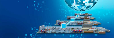 Plants in a row with Tetra Pak Digital and Automation symbols