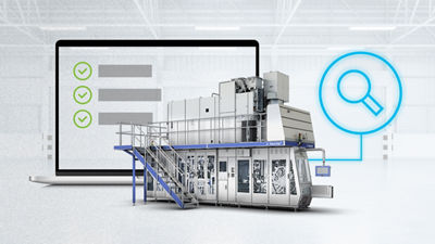 Check points on computer and filling machine, magnifying glass icon, asset health monitoring