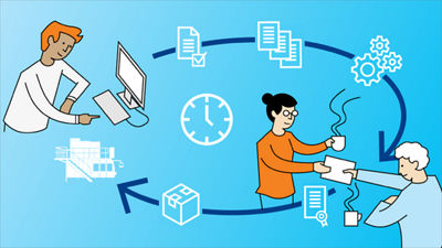 Ilustración, proceso de comercio electrónico, desde el pedido hasta el envío